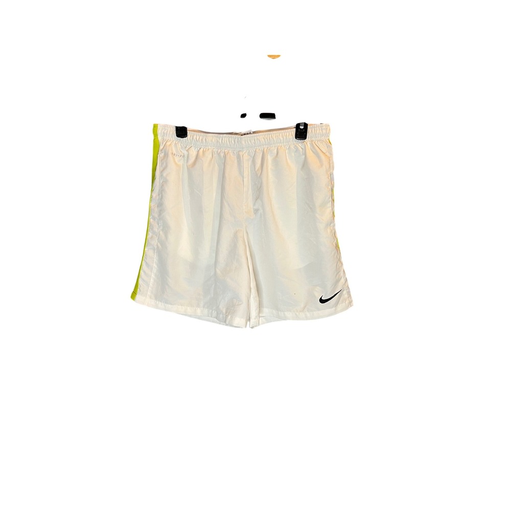 Nike Dri-FIT Mens Shorts Large White Volt Yellow Stripe Athletic Running Gym